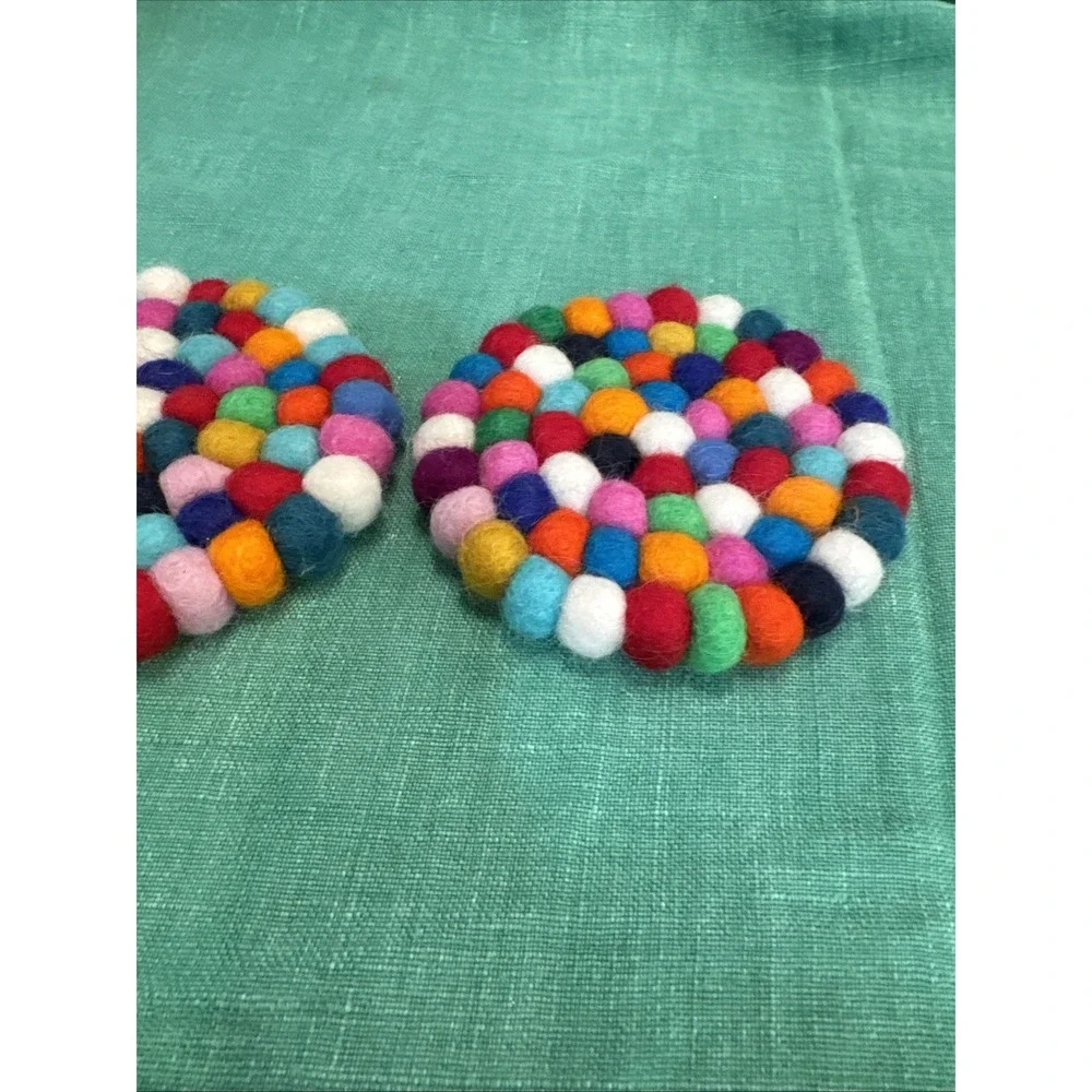 Round Felt Ball Coasters Felted  Wool Insulation Pad Set Of 2‎ Multi  Colored